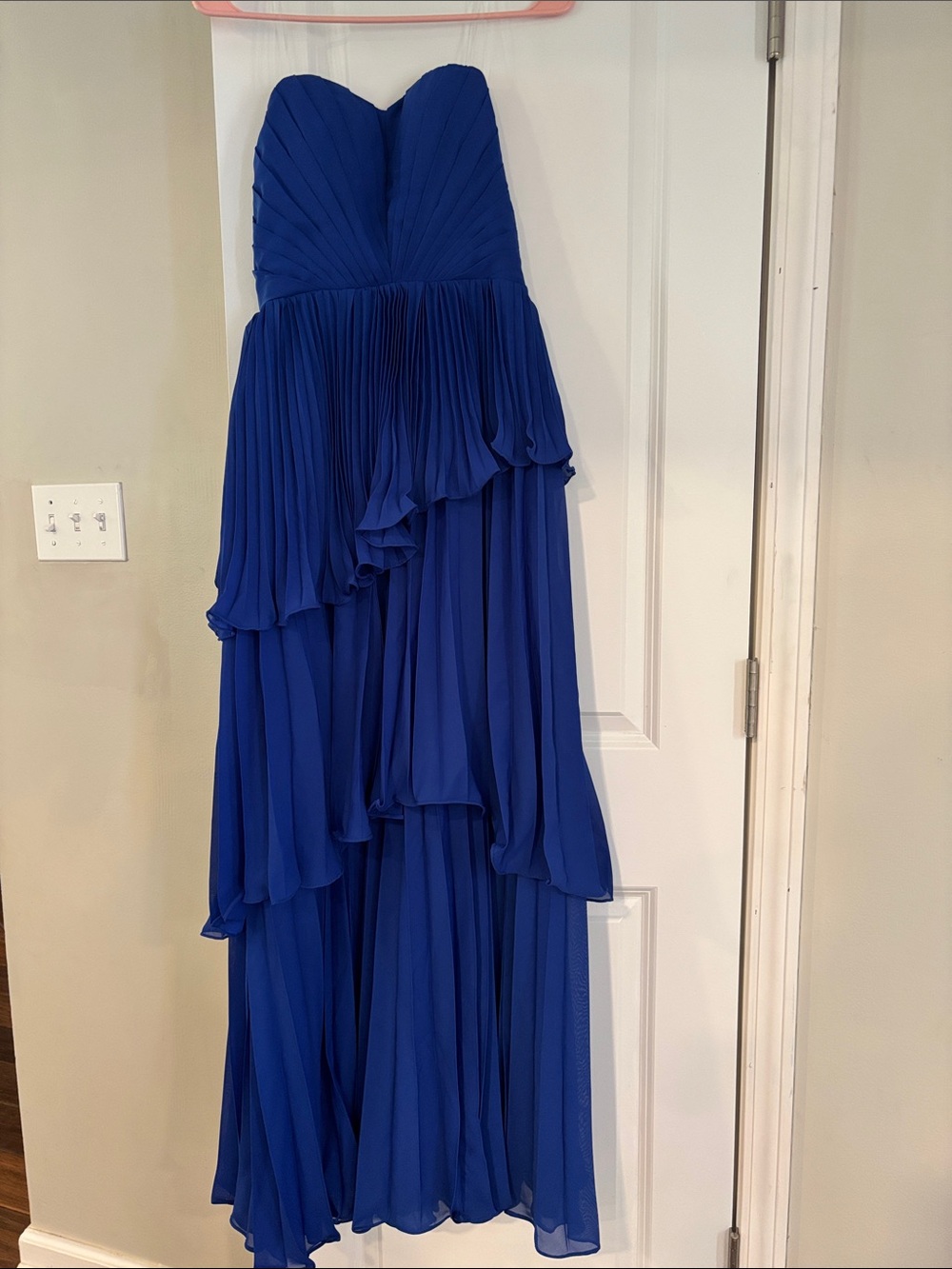 Strapless Cobalt Blue Ruffled Chiffon Evening Gown